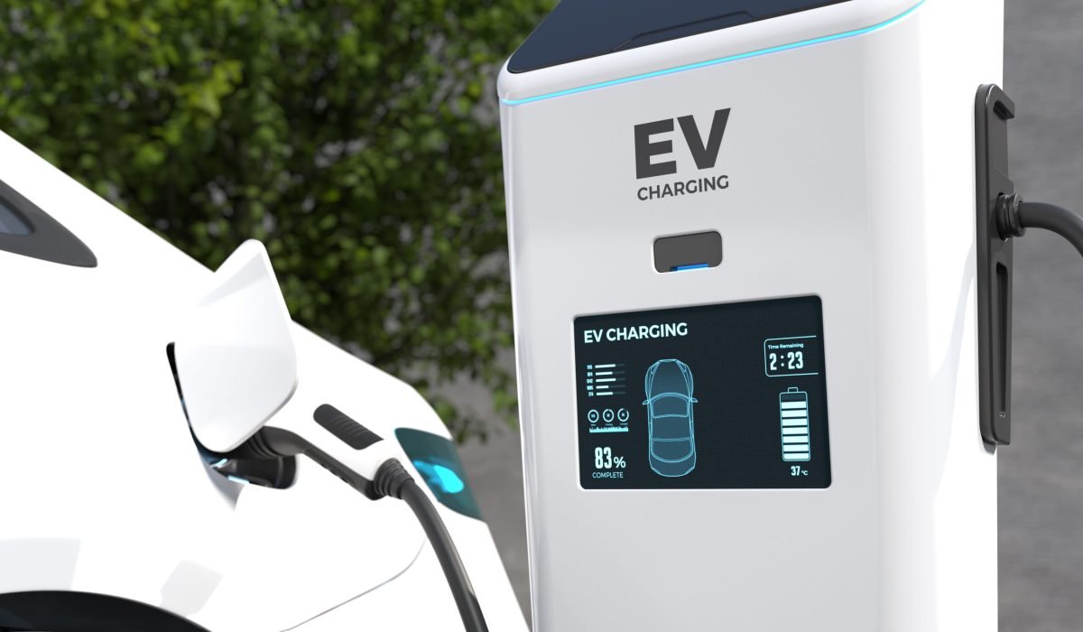 EV Charging Station, Clean energy filling technology, Electric c EV Charging Station, Clean energy filling technology, Electric car charging. 3D illustration