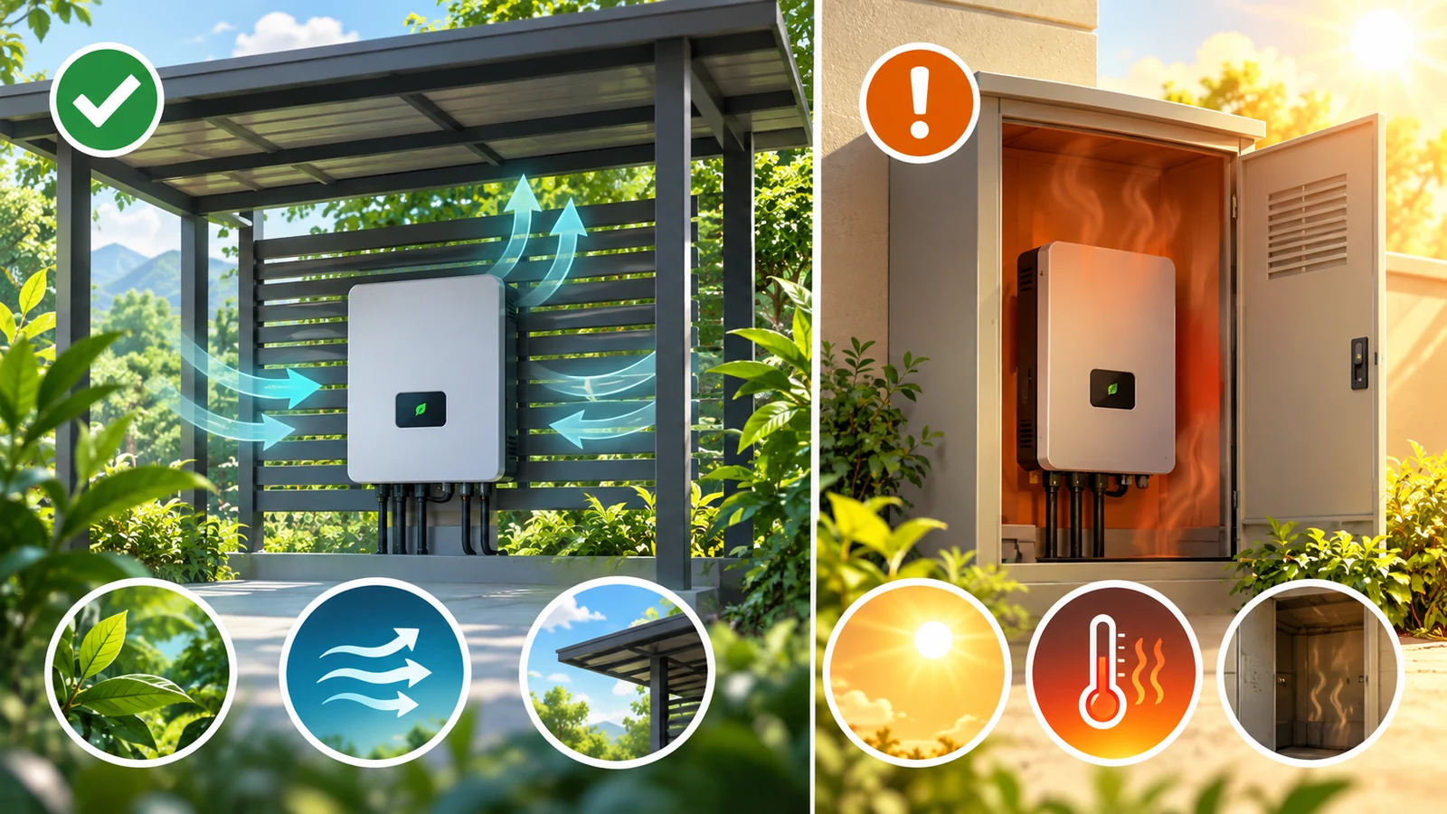Ilustrasi penerangan janaan AI tentang inverter solar dengan ruang sekeliling lapang dan konsep aliran udara