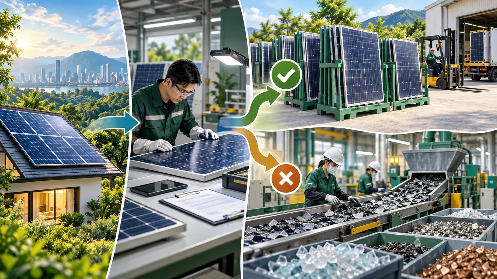 Ilustrasi penerangan janaan AI tentang panel solar, rekod peralatan dan perancangan guna semula atau pemulihan