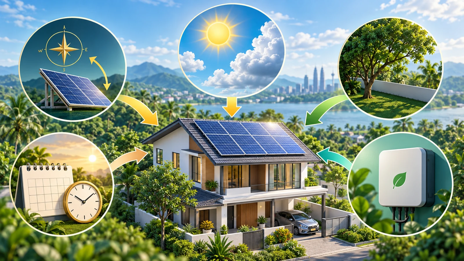 Ilustrasi AI tentang bumbung solar Malaysia, arah panel dan andaian ramalan tenaga dalam warna hijau tua dan emas.