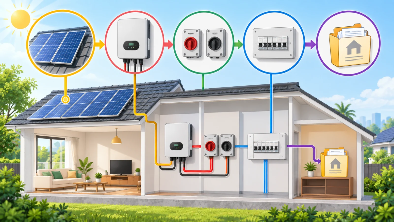 Ilustrasi pendidikan AI sistem solar bumbung Malaysia dengan papan utama, inverter, pengasing dan folder serahan pemilik