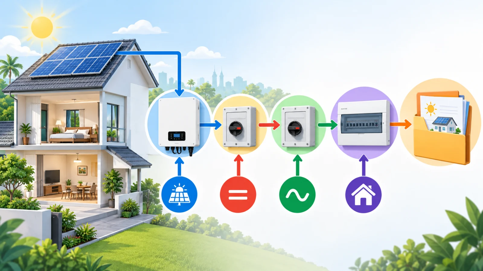 AI educational illustration of a Malaysian rooftop solar system with a main board, inverter, isolators and an owner handover folder