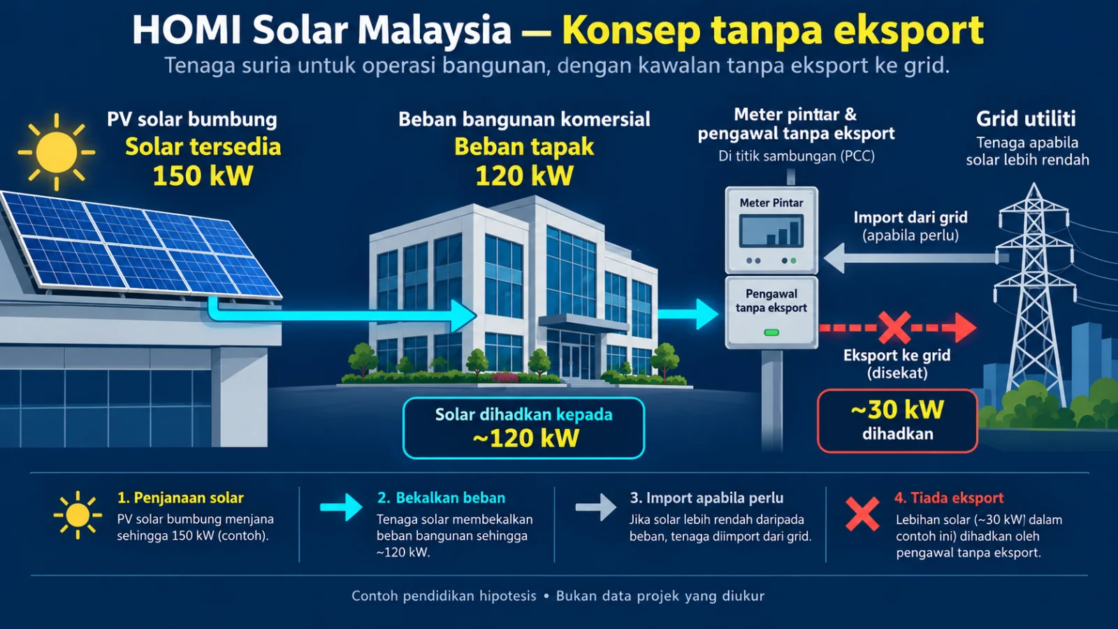 Rajah pendidikan AI yang menunjukkan solar bumbung, meter beban tapak dan pengehad eksport mengekalkan sasaran eksport grid pada sifar ketika beban berubah
