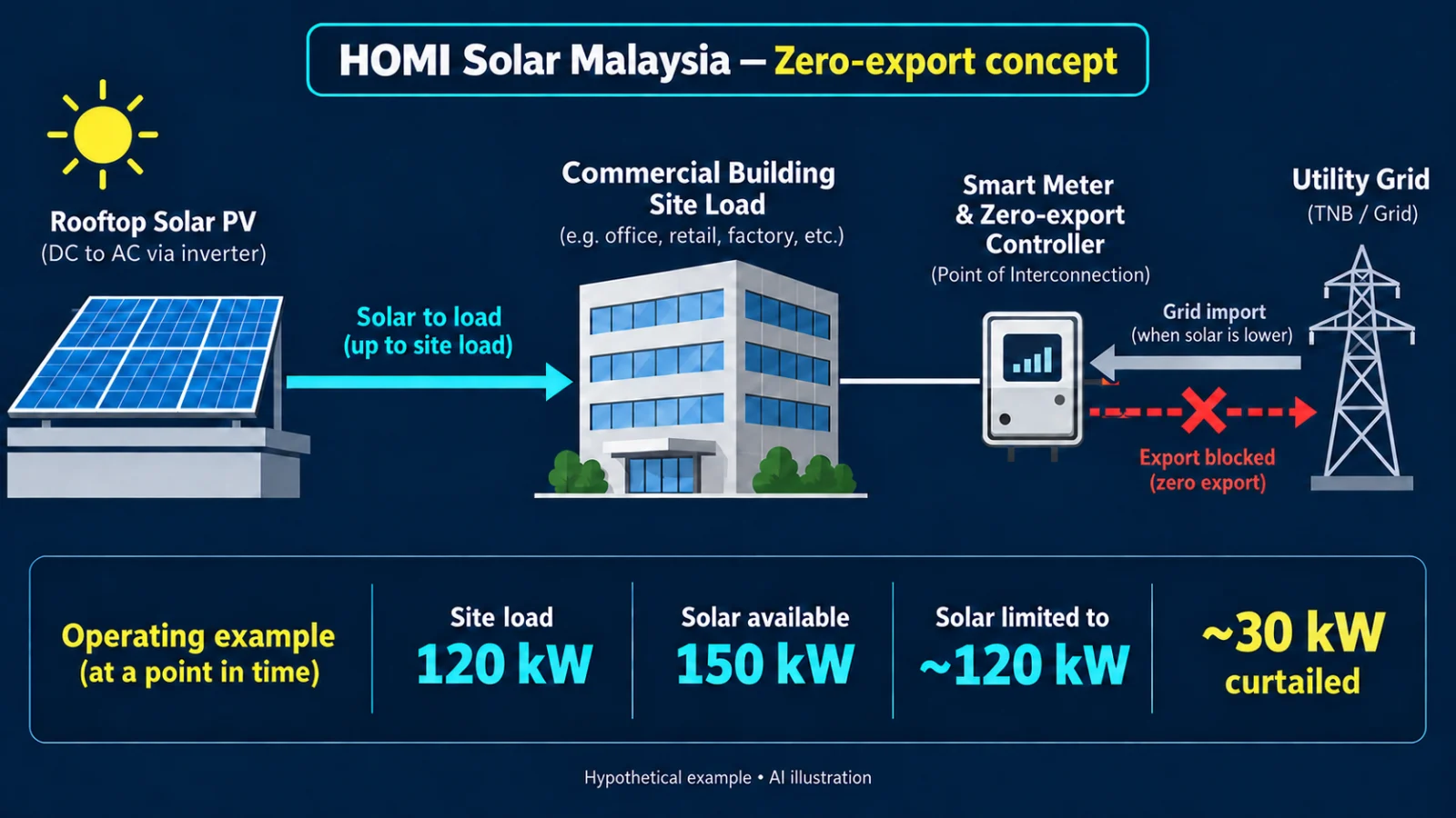 AI educational diagram of rooftop solar, a site load meter and an export limiter holding grid export at zero while load changes
