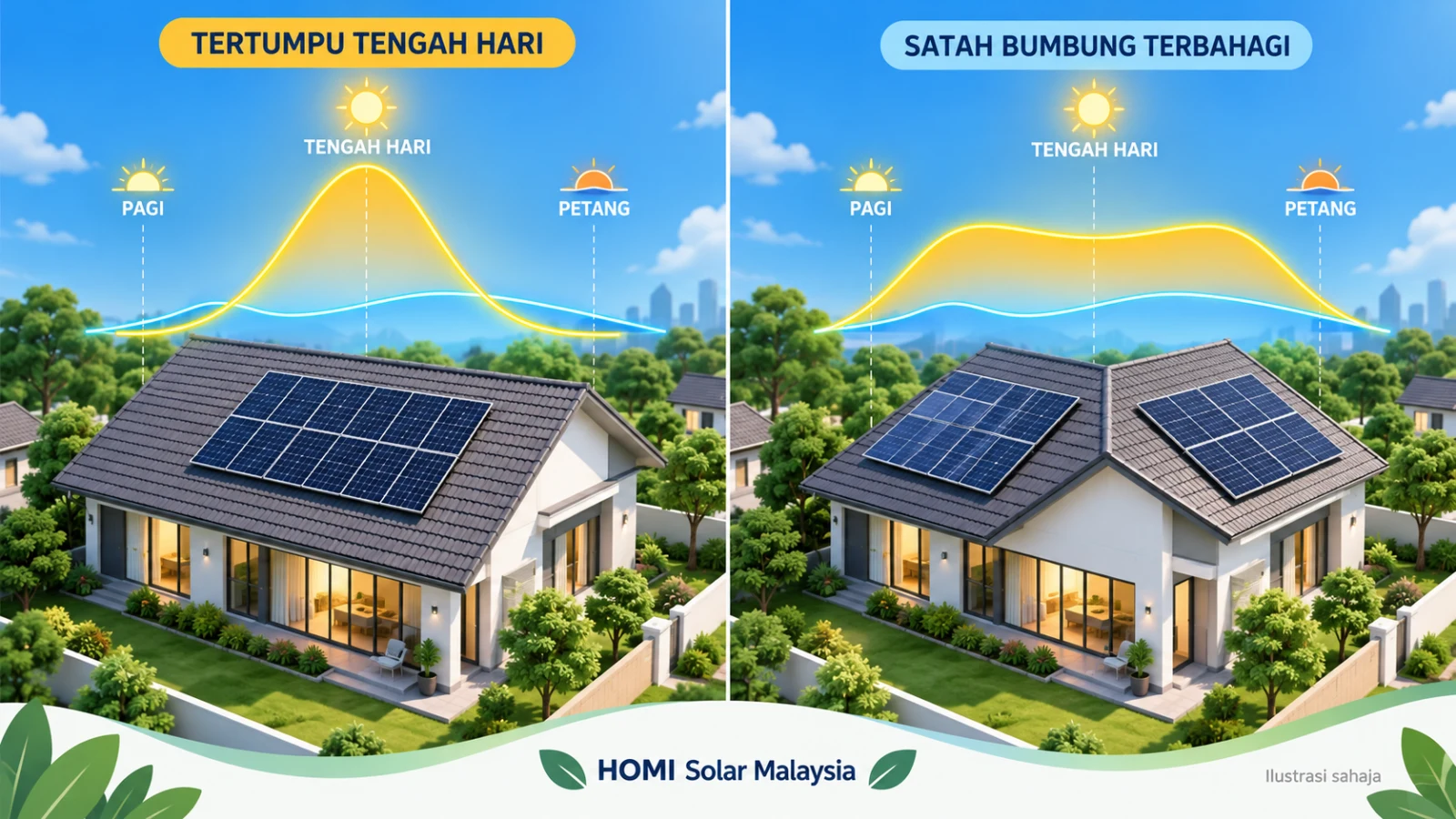 Rajah pendidikan janaan AI yang membandingkan susun atur solar tertumpu tengah hari dengan profil penjanaan pagi dan petang yang terbahagi
