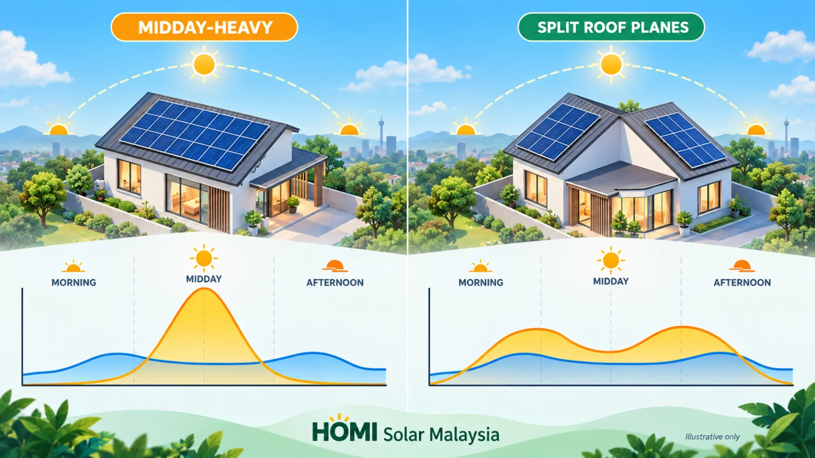AI-generated educational diagram comparing a midday-heavy solar roof layout with a split morning-and-afternoon production profile