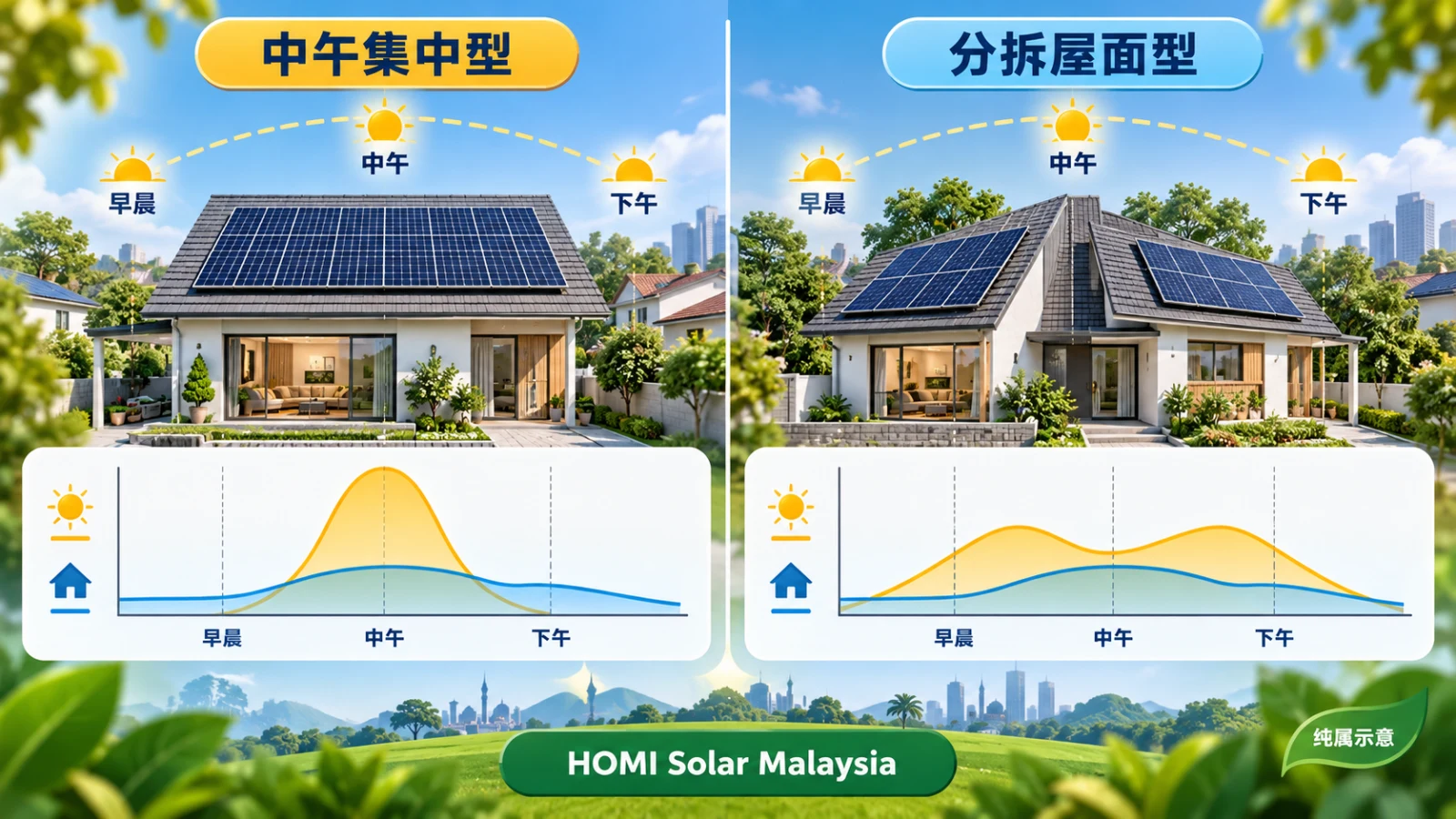 AI 生成教育比较图，比较中午集中型屋顶方案与早晚分散型发电曲线