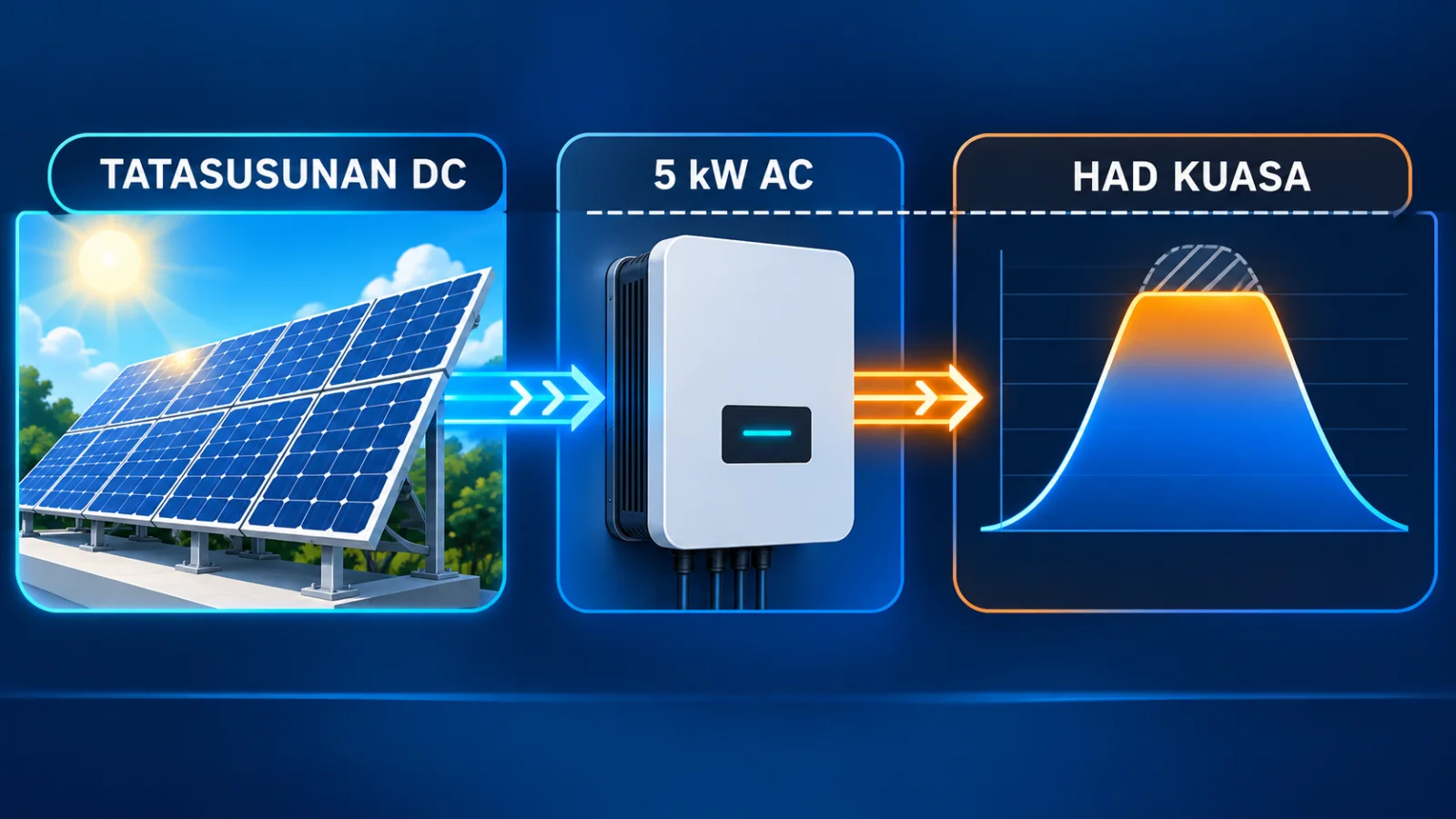 Rajah pendidikan janaan AI yang menunjukkan kuasa tatasusunan DC melalui penyongsang AC 5 kW dan puncak clipping yang rata