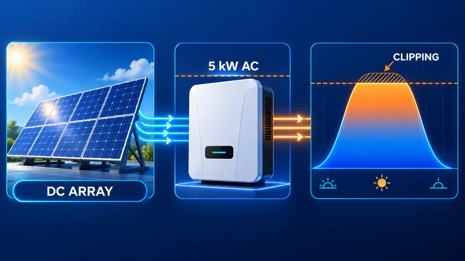 AI-generated educational diagram showing DC array power flowing through a 5 kW AC inverter and a flattened clipping peak