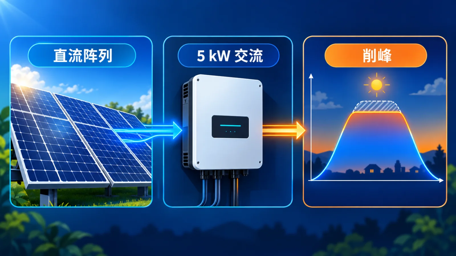AI 生成教育图,显示直流阵列功率流经 5 kW 交流逆变器并形成削峰平台