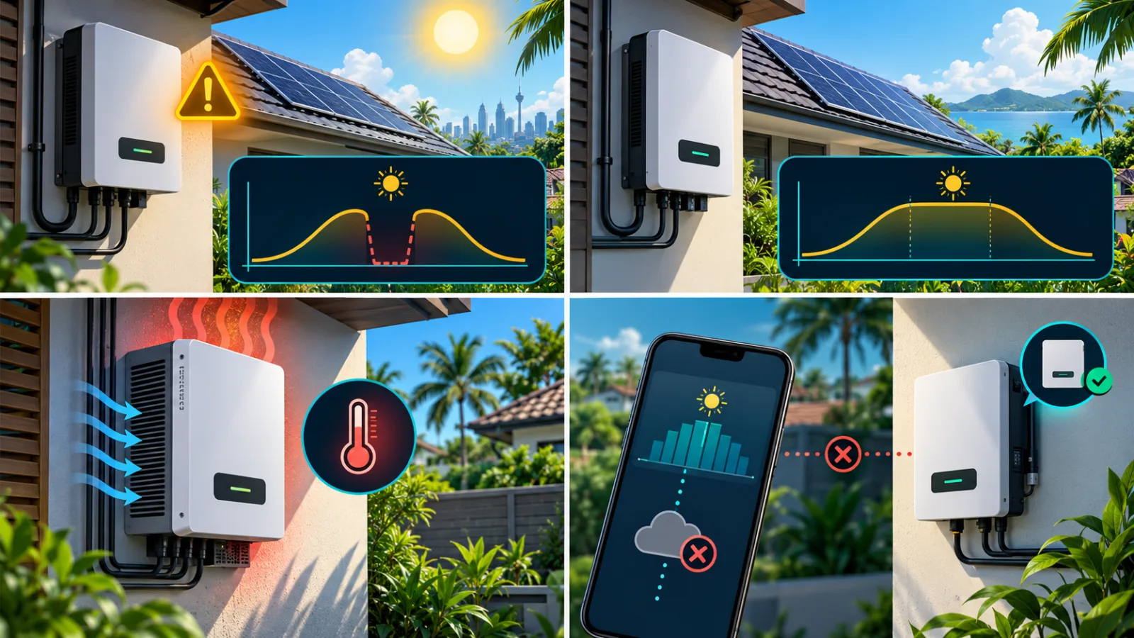 AI-generated educational diagram comparing a protection disconnect, clipping plateau, temperature alarm and monitoring outage without using real project data