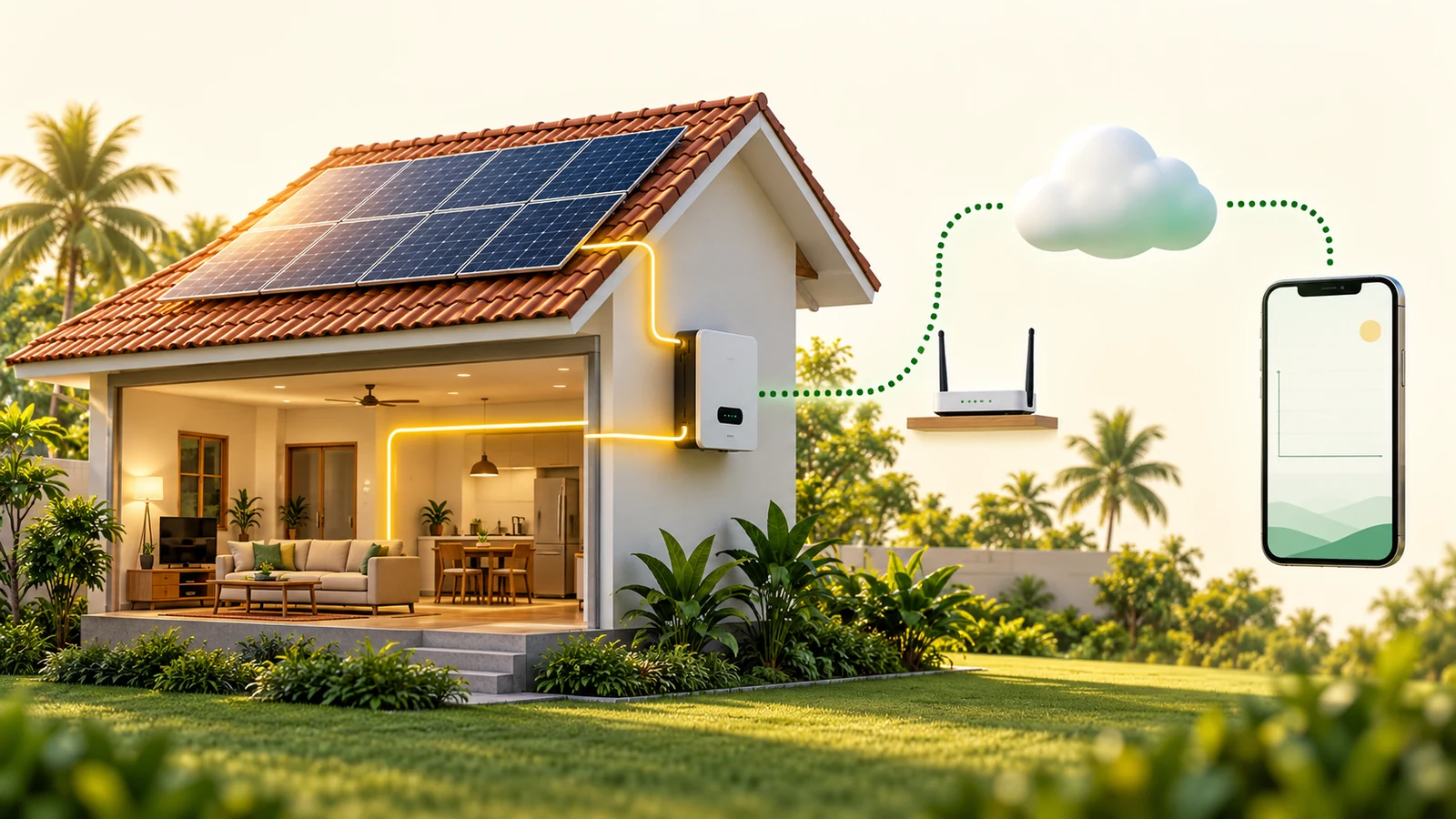 AI-generated conceptual illustration separating a solar energy path from the monitoring data path; not an actual HOMI installation.
