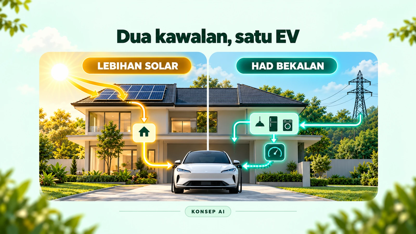 Ilustrasi pendidikan janaan AI membandingkan kawalan lebihan solar dengan had bekalan; laluan konsep, bukan rajah pendawaian elektrik.