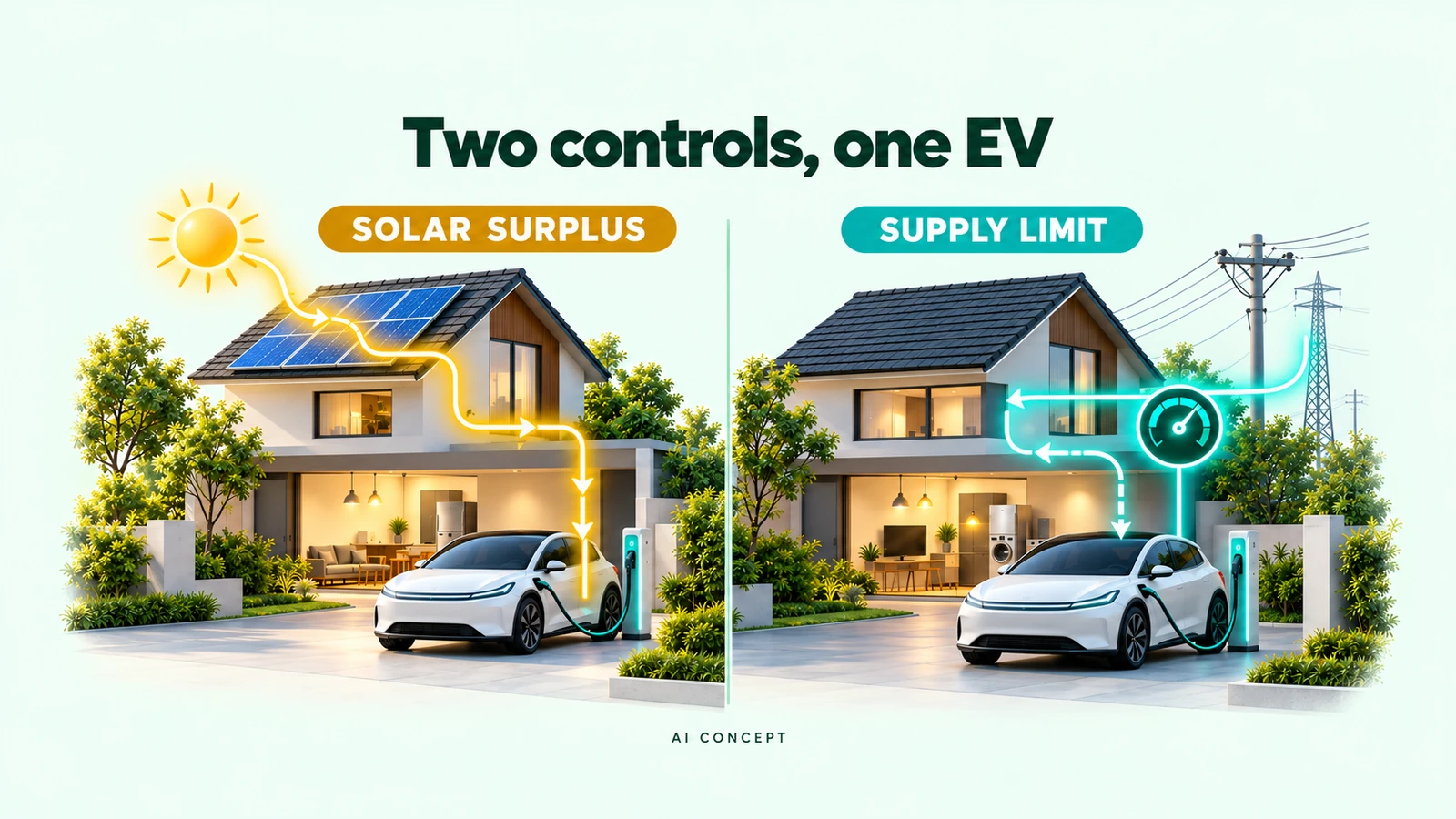 AI-generated educational comparison of solar-surplus charging and supply-limit control; conceptual paths, not an electrical wiring diagram.