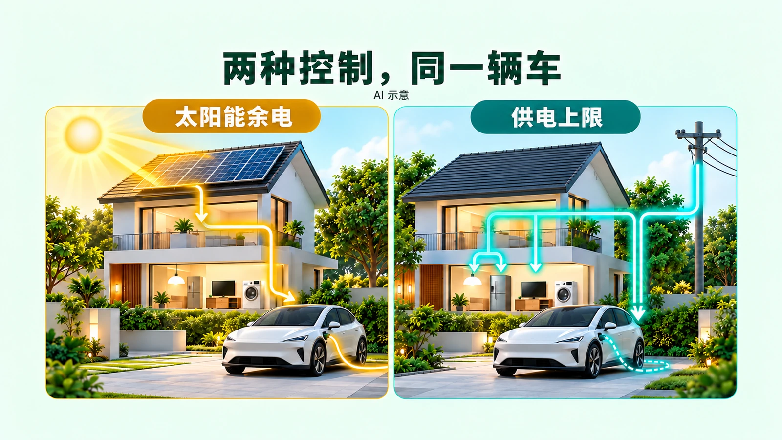 AI 生成教育示意图:太阳能余电分配与供电上限控制的功能比较,并非电气接线图。