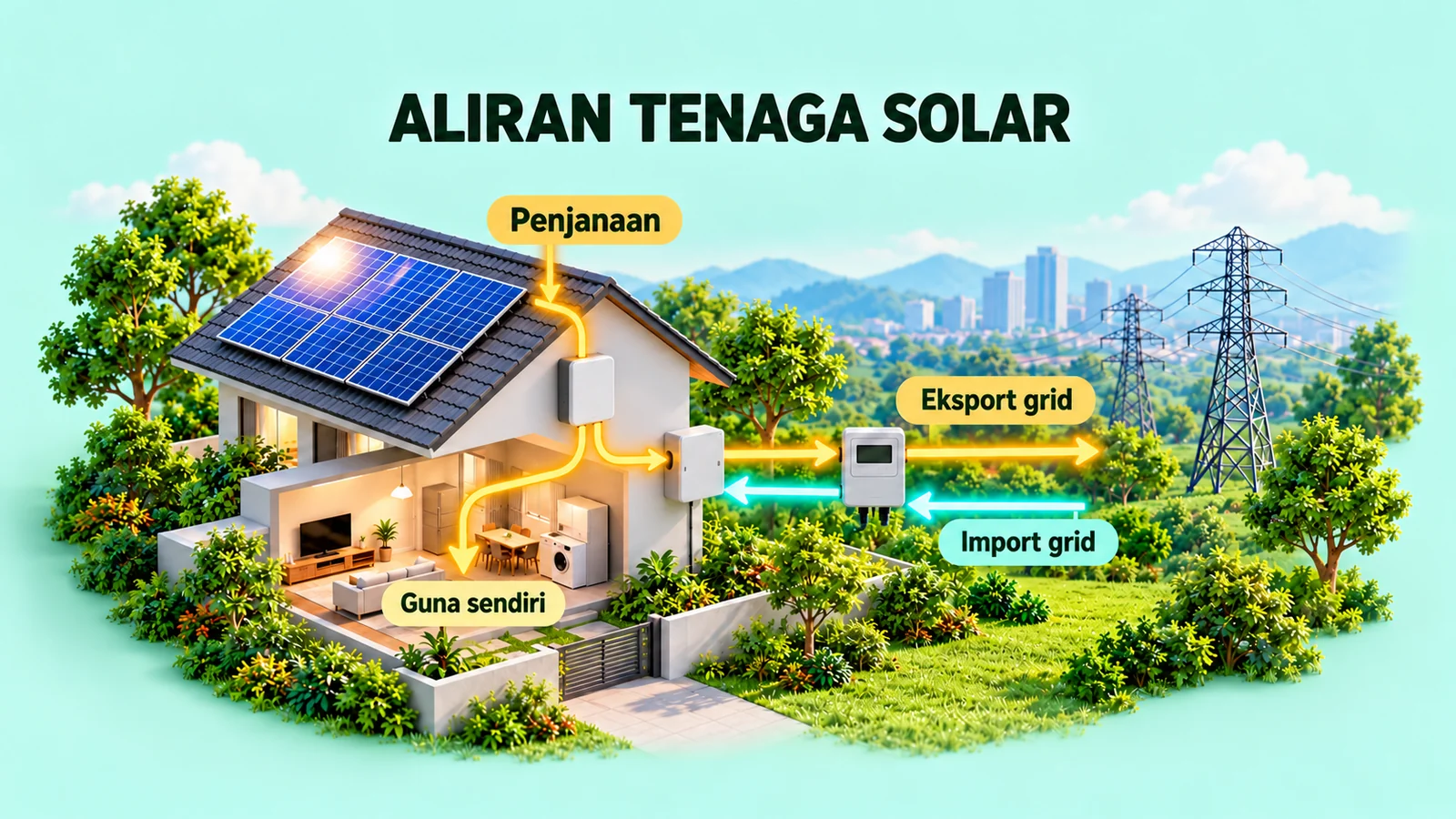 Ilustrasi konsep janaan AI tentang penjanaan solar, guna sendiri, import dan eksport grid; bukan rajah pendawaian atau data HOMI yang diukur.