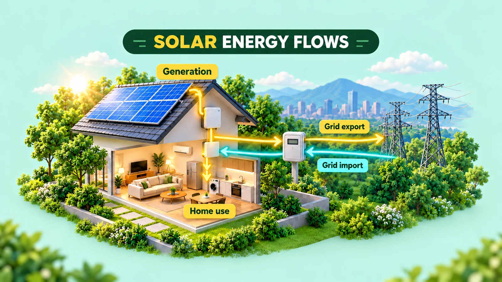 AI-generated conceptual map of solar generation, direct home use, grid import and grid export; not a wiring diagram or measured HOMI data.