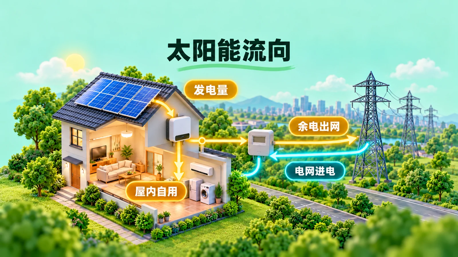 AI 生成太阳能发电、屋内自用、电网进电与余电出网概念图，并非接线图或 HOMI 实测数据。