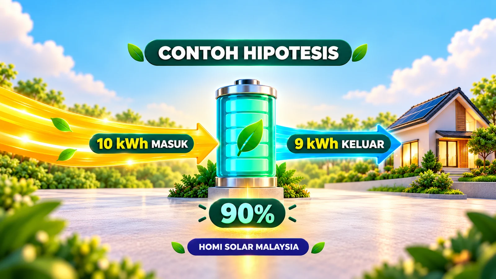 Kitaran hipotesis bateri: 10 kWh masuk dan 9 kWh keluar memberikan kecekapan pergi balik 90%; ilustrasi pendidikan AI.