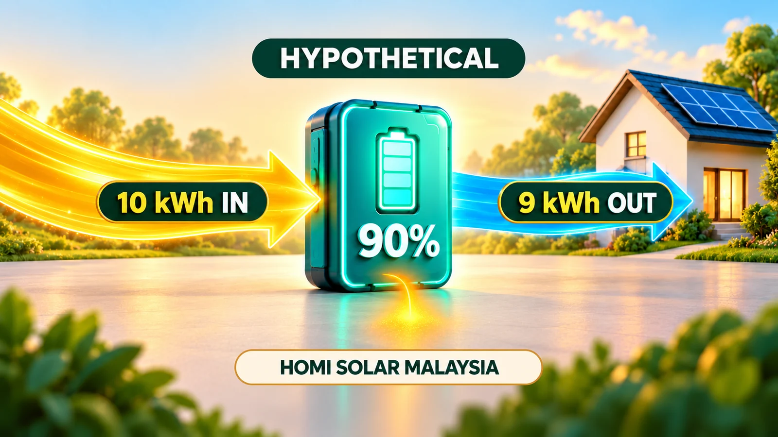 Hypothetical battery cycle: 10 kWh input and 9 kWh output give 90% round-trip efficiency; AI educational illustration.