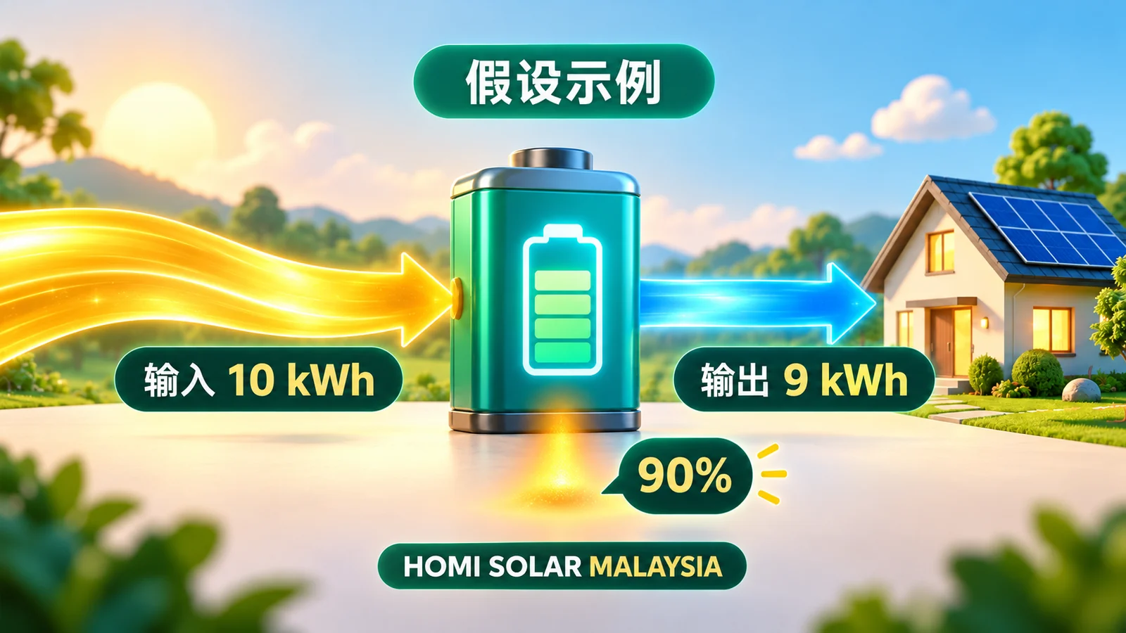 假设电池循环：输入 10 kWh、输出 9 kWh，往返效率为 90%；AI 教育示意图。
