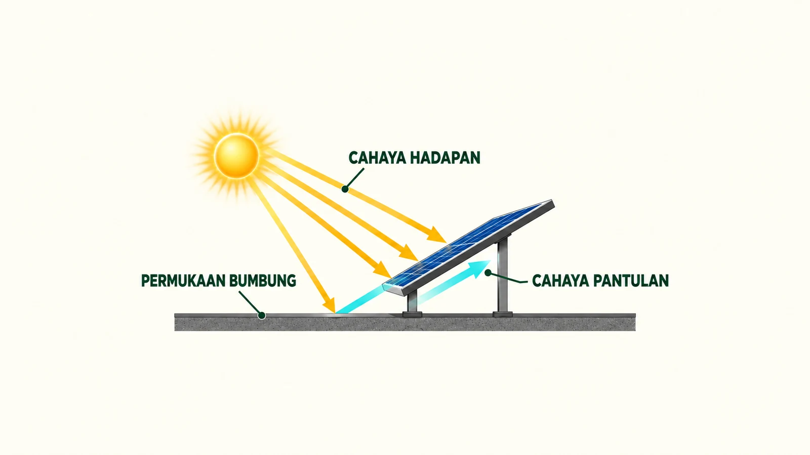 Konsep laluan cahaya AI: cahaya hadapan dan pantulan bumbung mencapai modul dwimuka; bukan dimensi pembinaan atau hasil diukur.