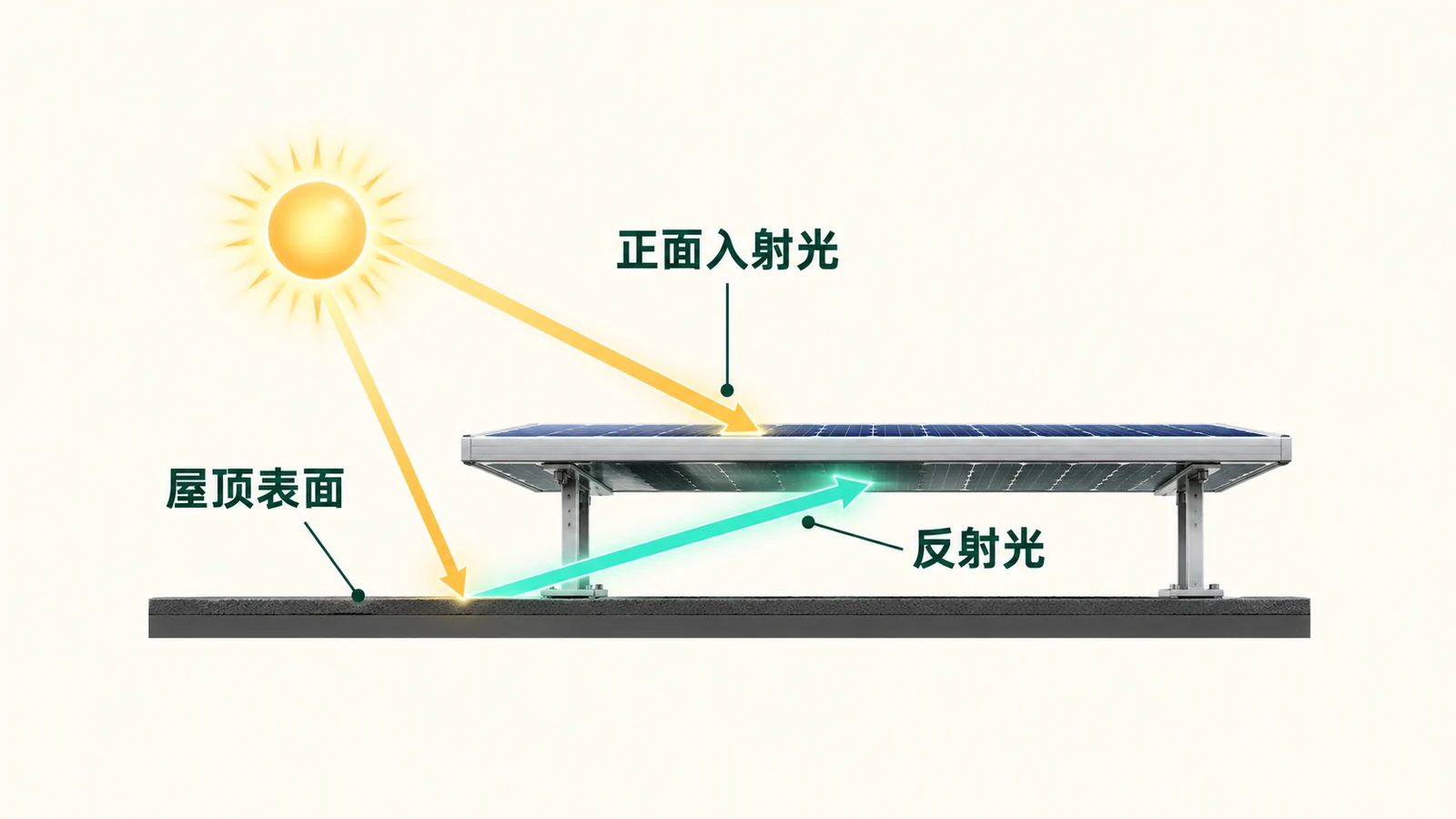 AI 光路概念图：正面入射光及屋顶反射光到达双面组件；不表示施工尺寸或实测增益。
