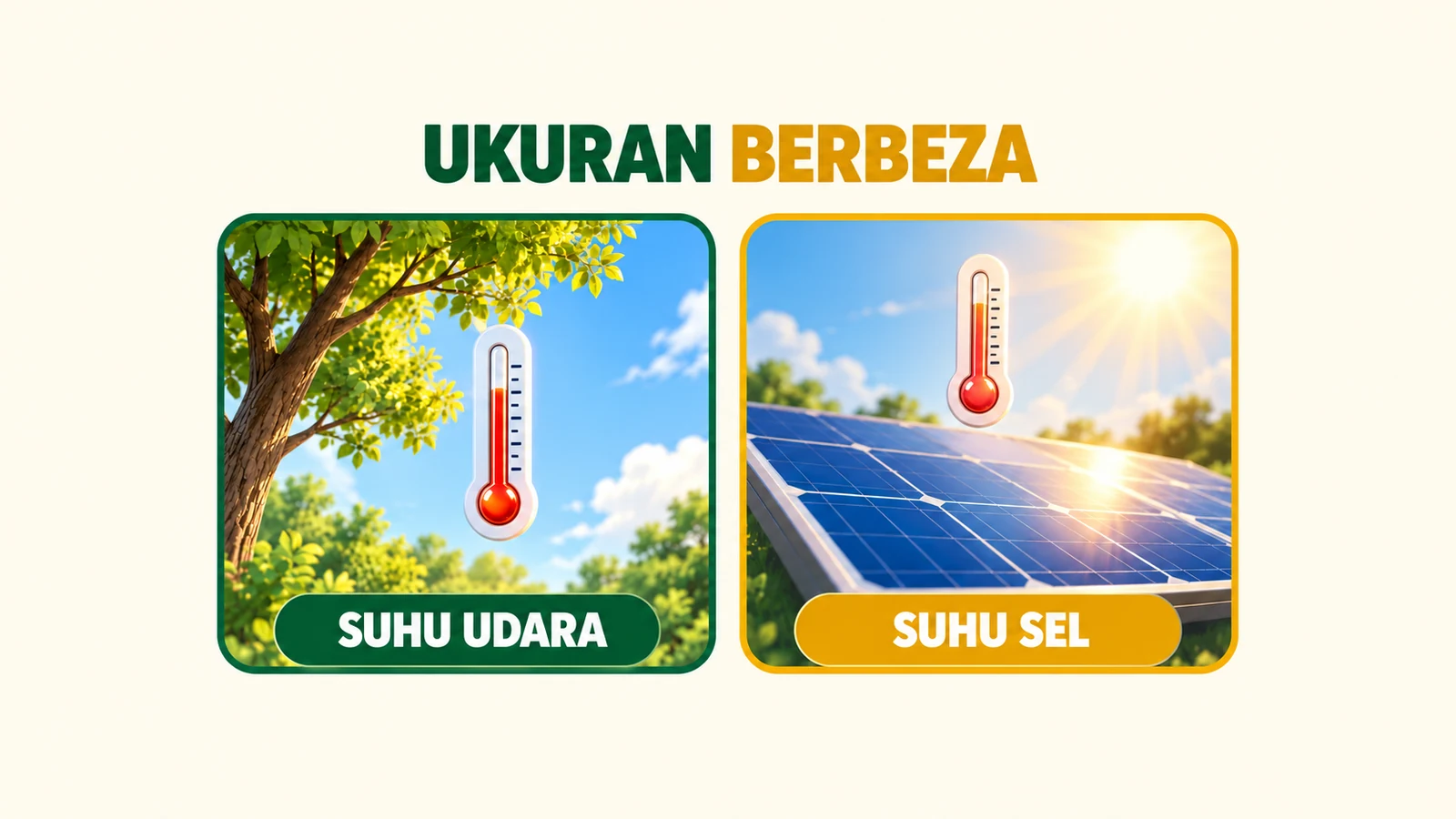 Konsep AI membezakan suhu udara di sebelah pokok daripada suhu sel dalam panel solar; tiada bacaan diukur.