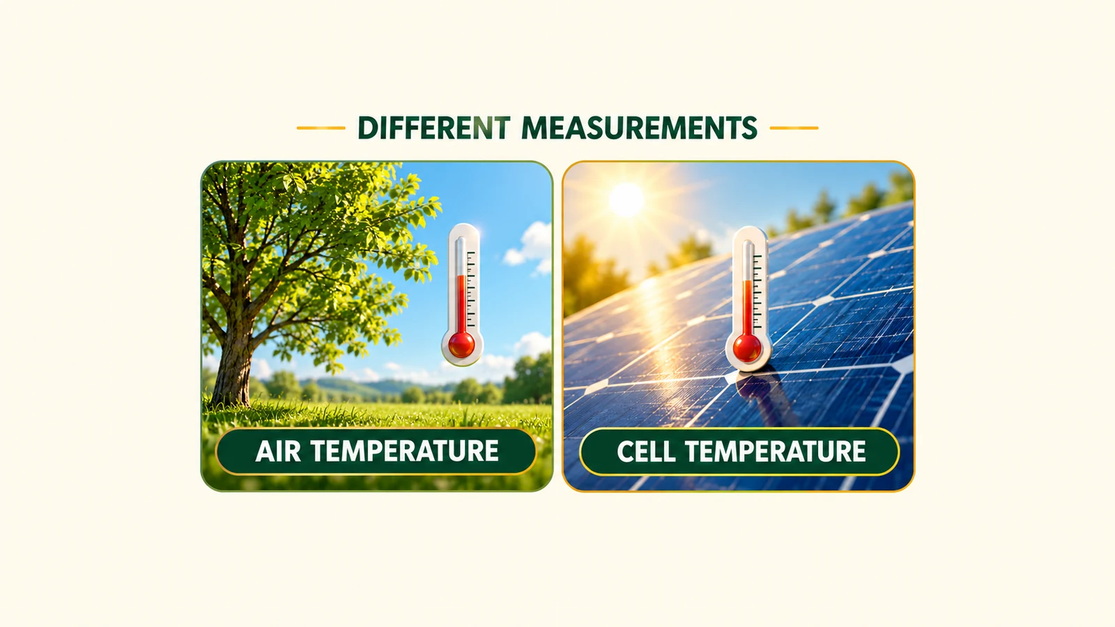 AI concept distinguishing air temperature beside a tree from cell temperature within a solar panel; no measured readings.