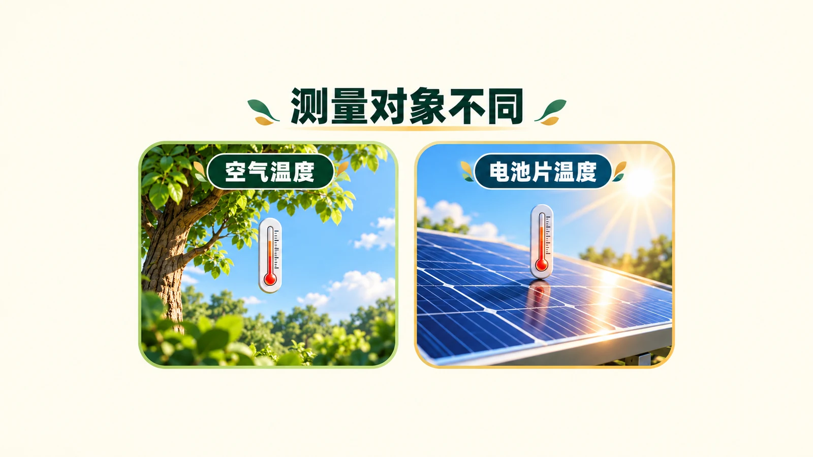 AI 概念图:树旁空气温度与太阳能板内部电池片温度是不同测量对象;没有实测读数。