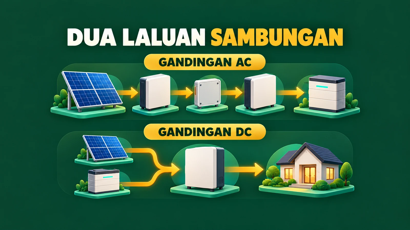 Konsep AI membandingkan laluan gandingan AC dan DC; ikon abstrak bukan lukisan pendawaian elektrik.