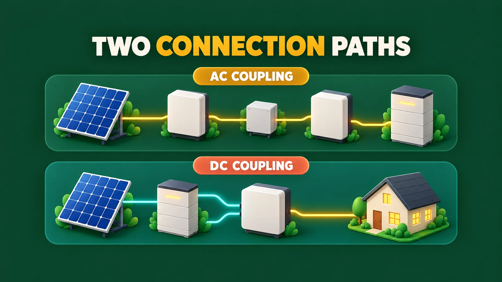 AI conceptual comparison of AC and DC coupling paths; abstract icons are not an electrical wiring drawing.