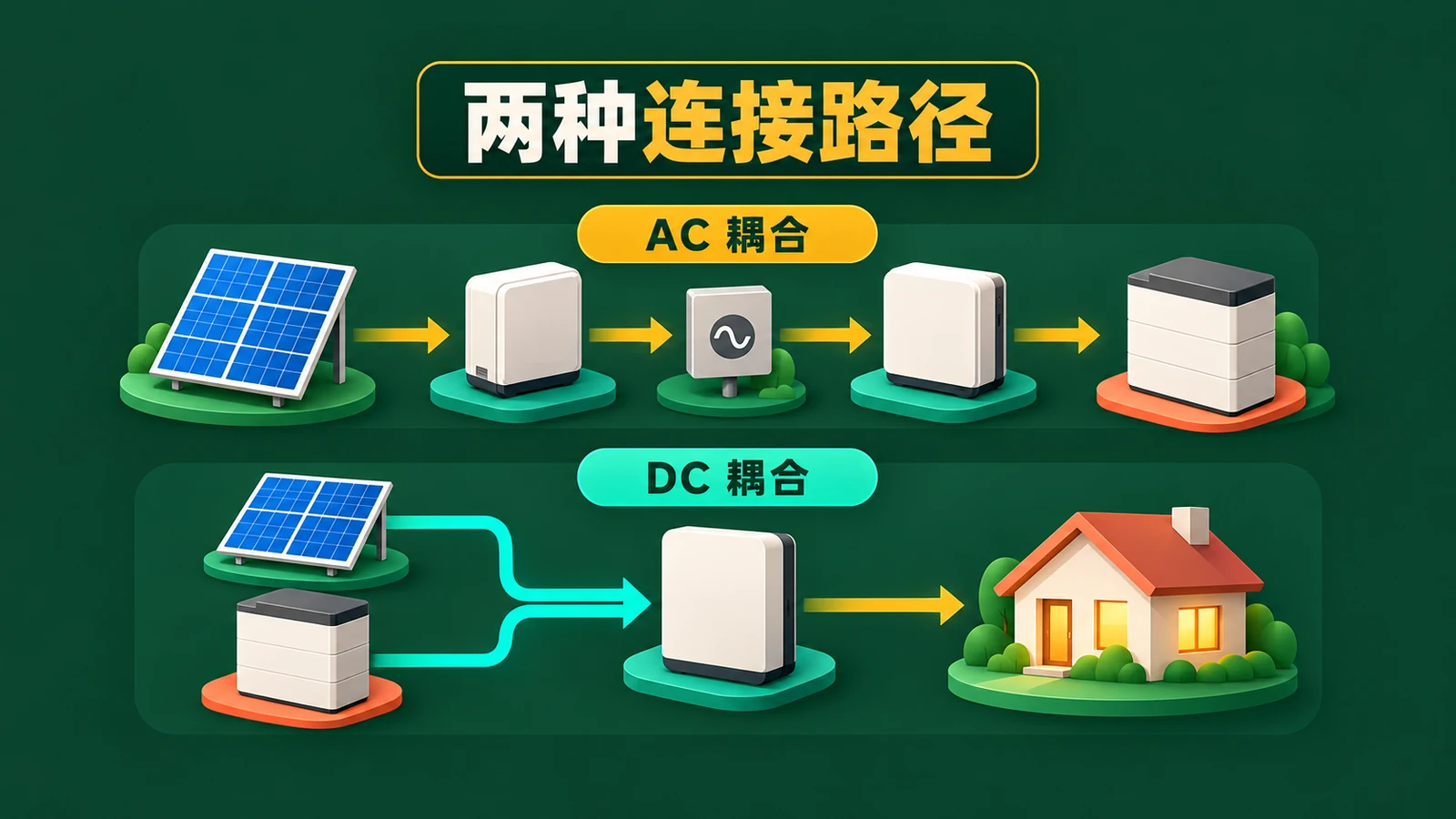 AI 概念图比较 AC 与 DC 耦合路径;抽象图标并非电气接线图。